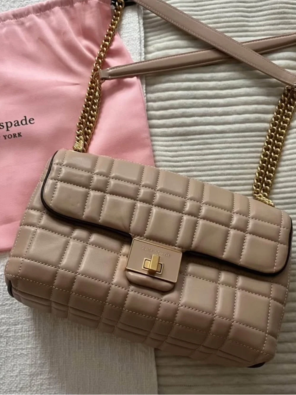 kate spade Quilted Leather Shoulder Bag in Taupe with Gold Chain